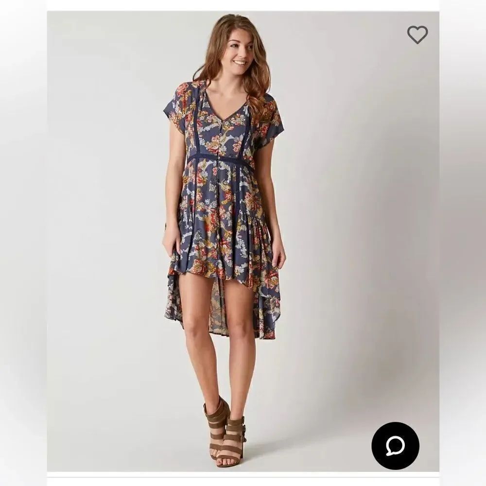 NWT Miss Me Dress Lace Floral Lined High Low Button Front Short Sleeve M